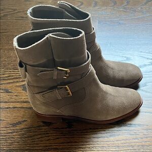 Suede Tan Ankle Boots with Gold Buckles